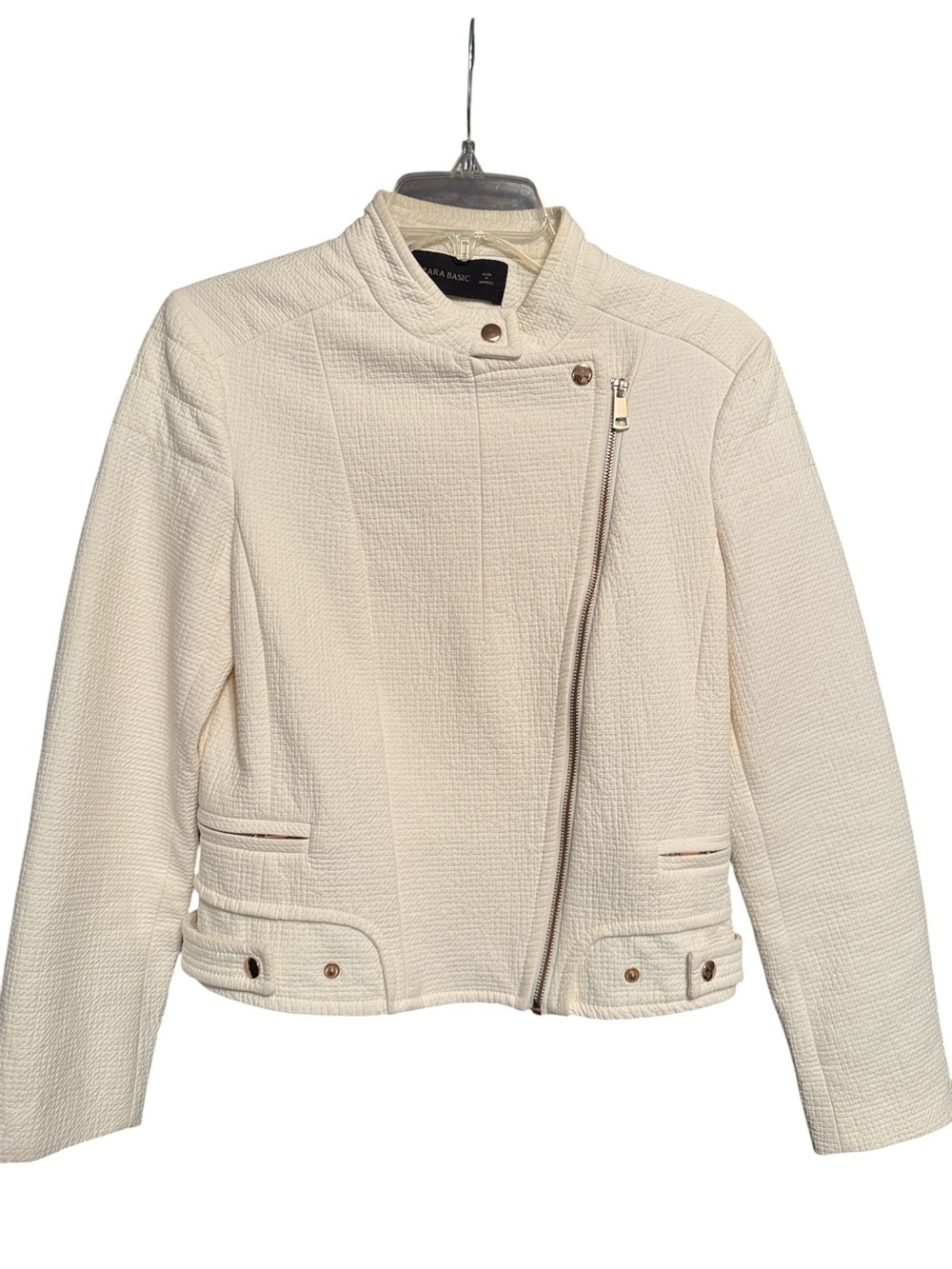 ZARA Cream Asymmetrical Zip Textured Jacket